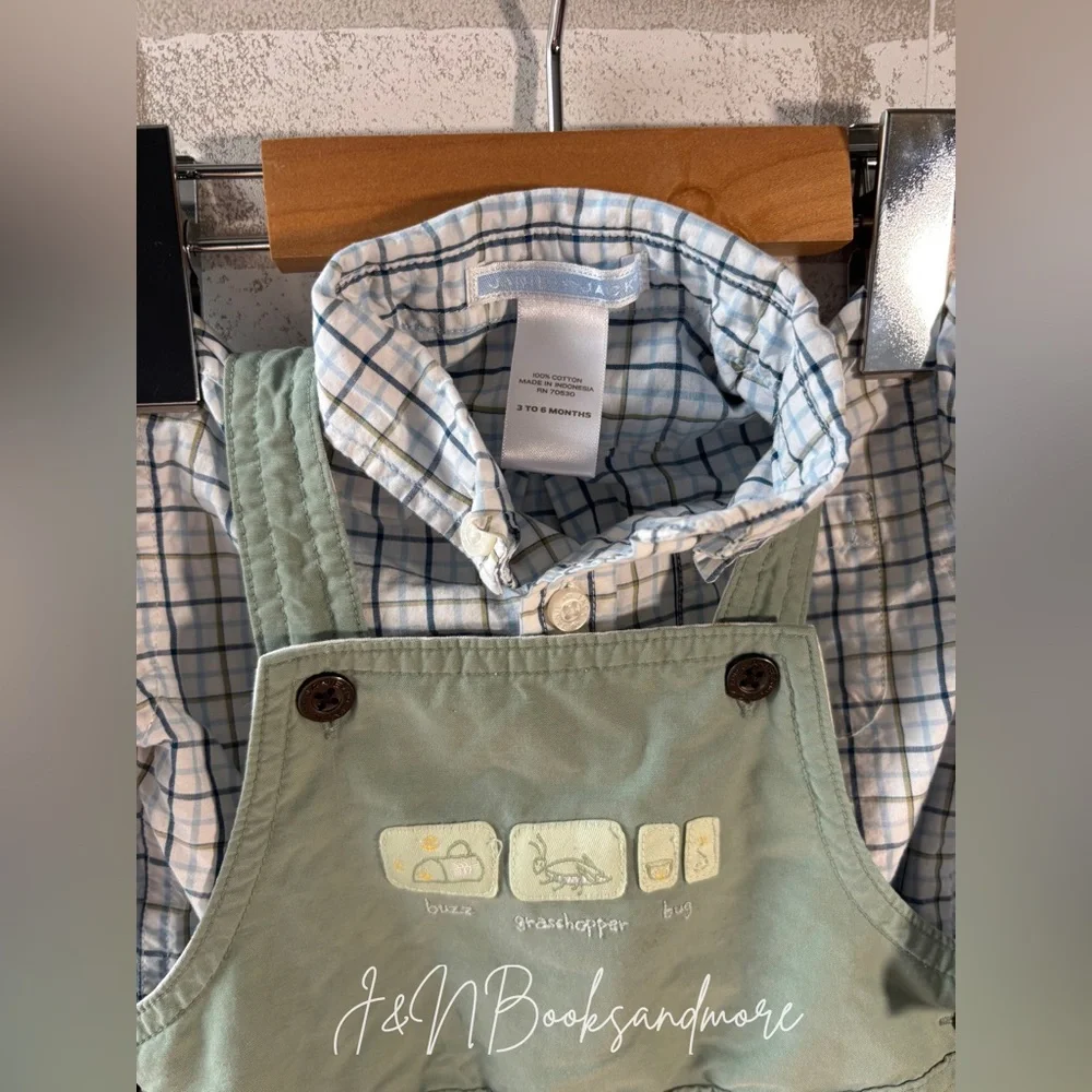 Janie & Jack Infant Button Down Shirt & Lined Grasshopper Overalls Set Size 3-6M